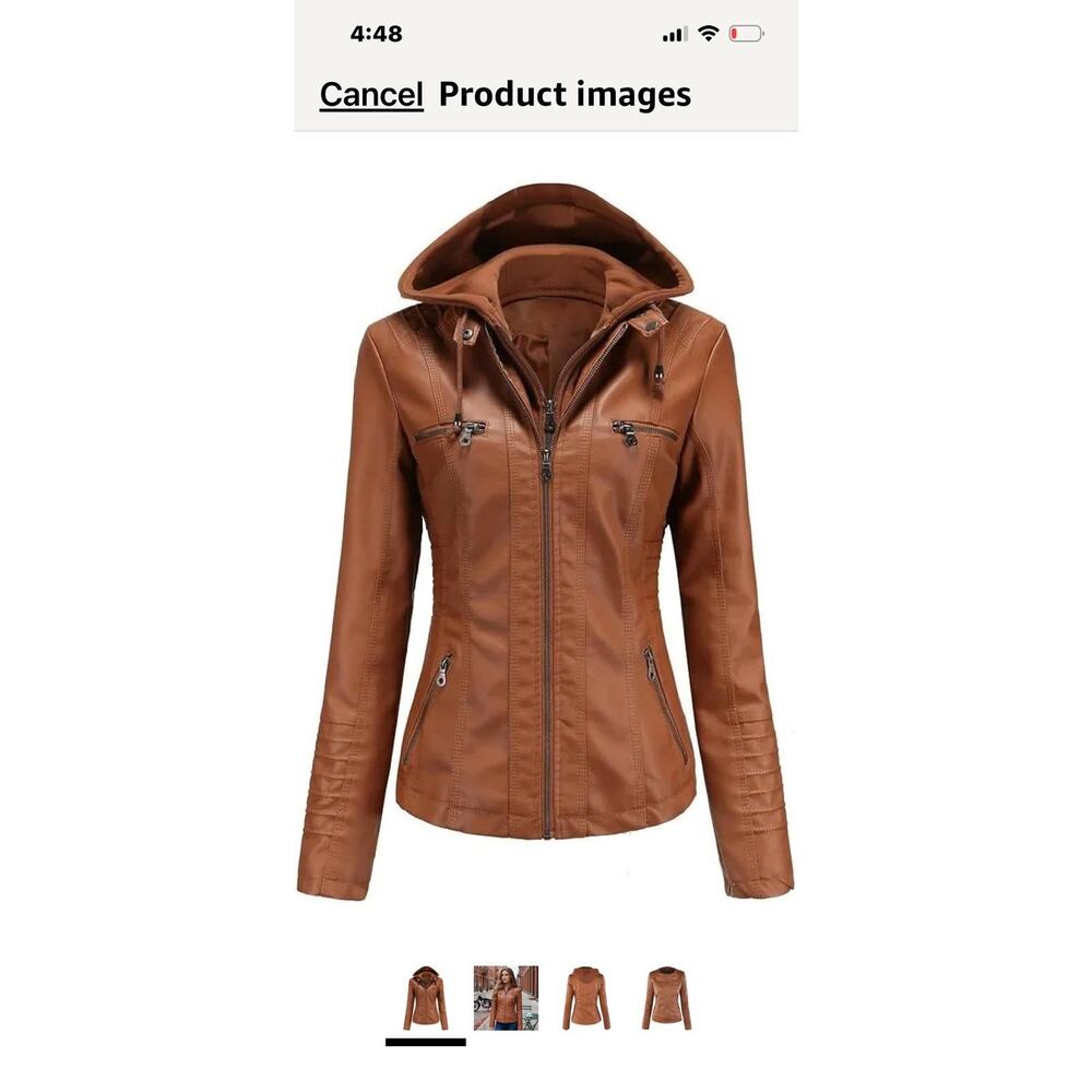 New Women's Brown Biker Motorcycle Real Leather Jacket Coat - Detach Hoodie